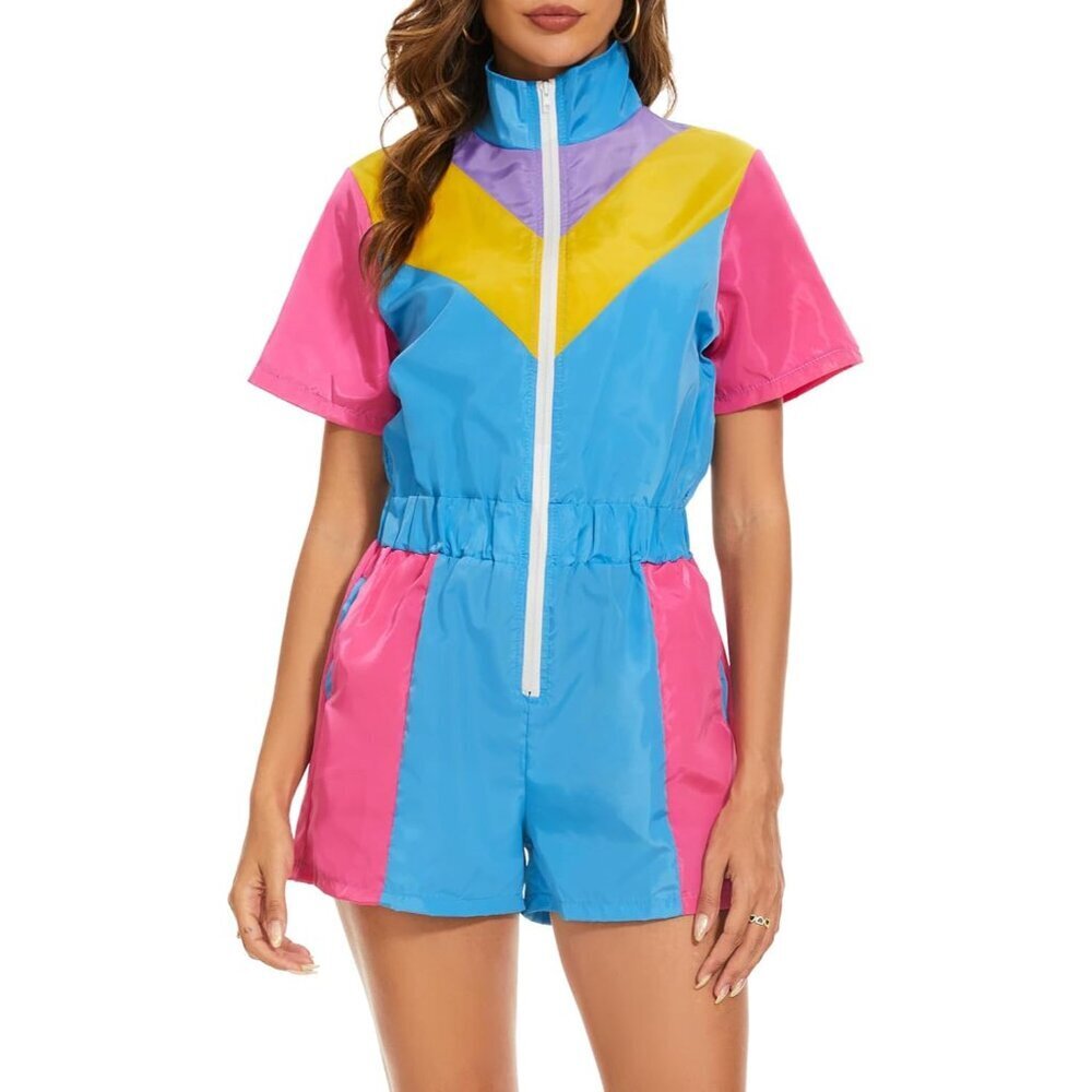 Color Block Windbreaker Jumpsuit Women's Short Sleeve Elastic Waist Outfit